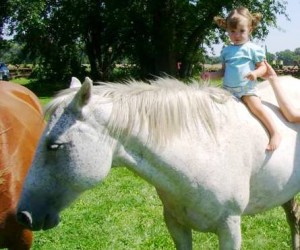 Madeline Riding Cricket at Age 2